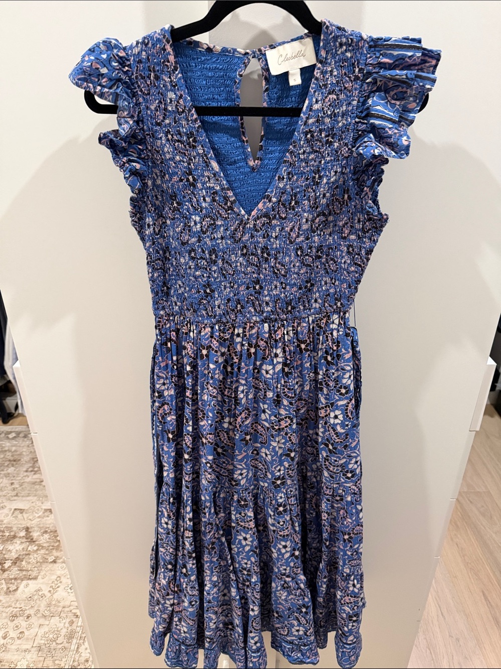 Blue Floral Smocked V-Neck Midi Dress